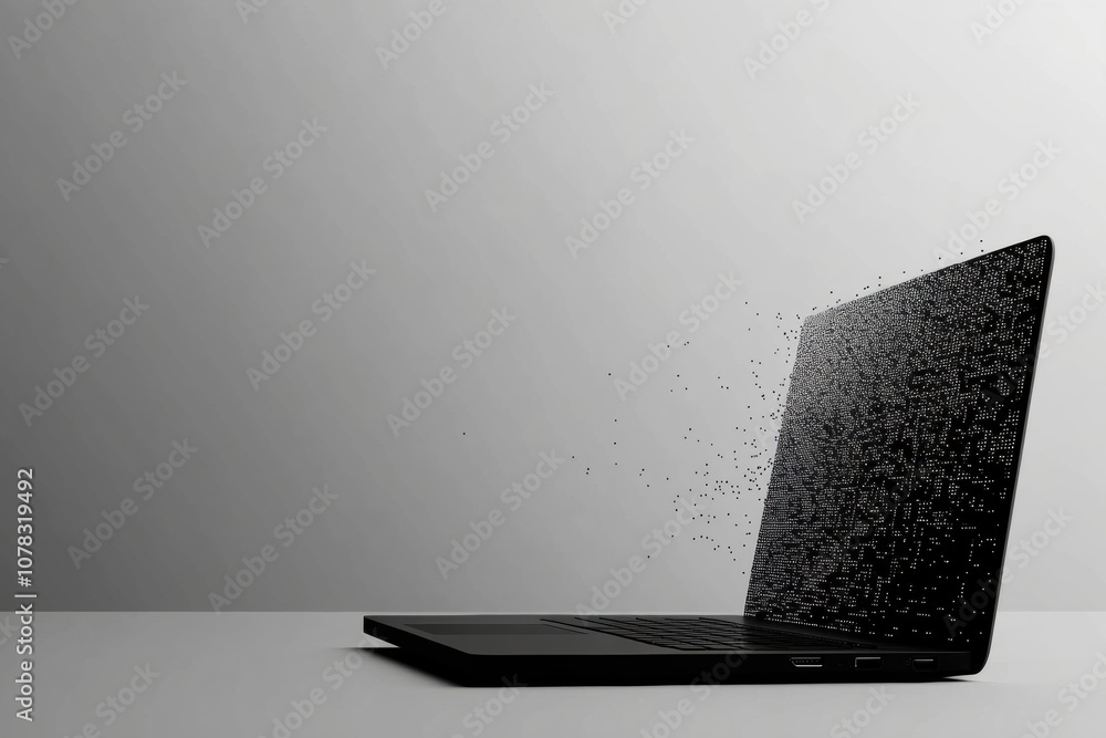 Poster a sleek laptop sits on a plain surface, gradually transforming into pixelated fragments, illustratin