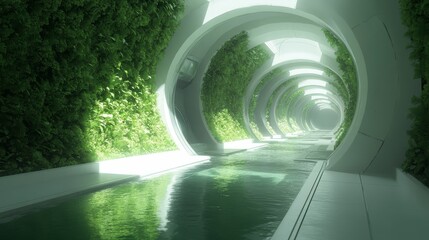 Fototapeta premium Explore the serene beauty of a lush green waterway in modern architecture