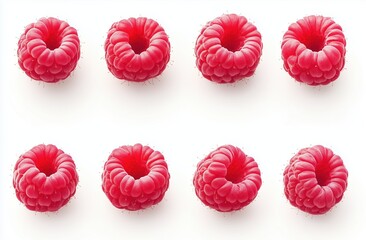 Fresh raspberries arranged neatly in a row with vibrant red color on a white background