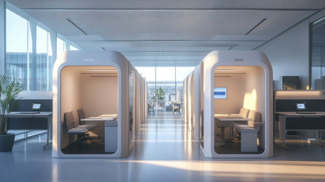 Modern co working space with private pods, bright lighting, and sleek design. Ideal for productivity and collaboration in contemporary office environment