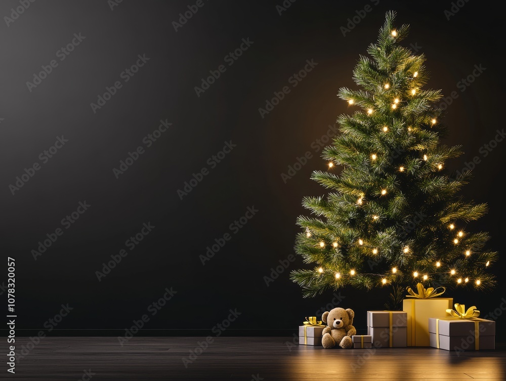 Poster christmas tree with a teddy bear in front of it. the tree is lit up with lights and the teddy bear i