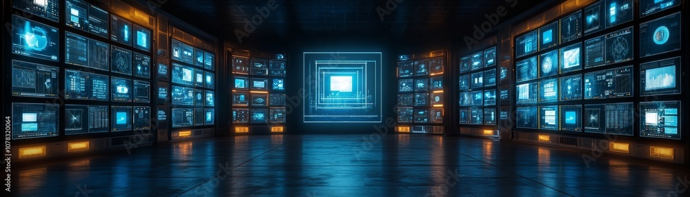 Poster explore cutting-edge technology in a futuristic data center with interactive displays