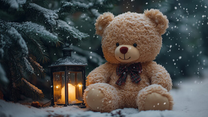Soft bear sitting beside a lantern in a snowy forest during wintertime ambiance