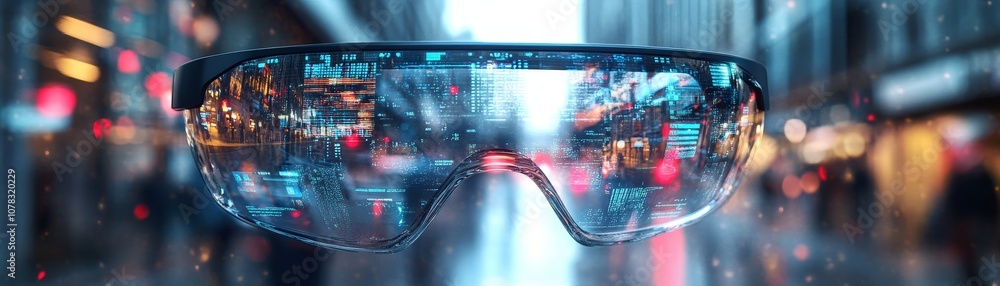 Poster explore the future of technology through innovative smart glasses displaying urban data visualizatio