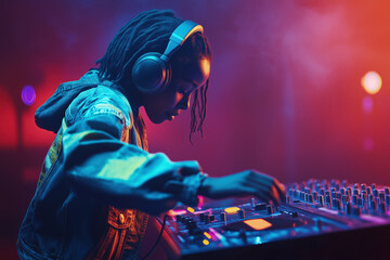 Young DJ mixing music in a vibrant club with colorful lighting. Side profile of a young DJ focused on mixing music with headphones on, surrounded by vivid neon lights.