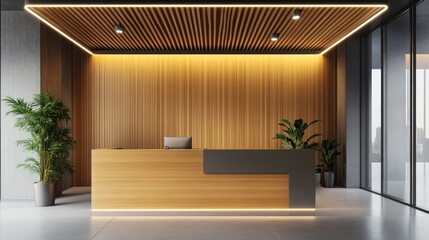 Modern Office Reception Desk with Wooden Wall and  Stylish Lighting