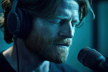 Focused male radio host recording in professional studio with headphones and microphone.