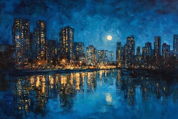 Obraz premium A city skyline with skyscrapers reflecting in the water under a full moon at night, painted in a painterly style.