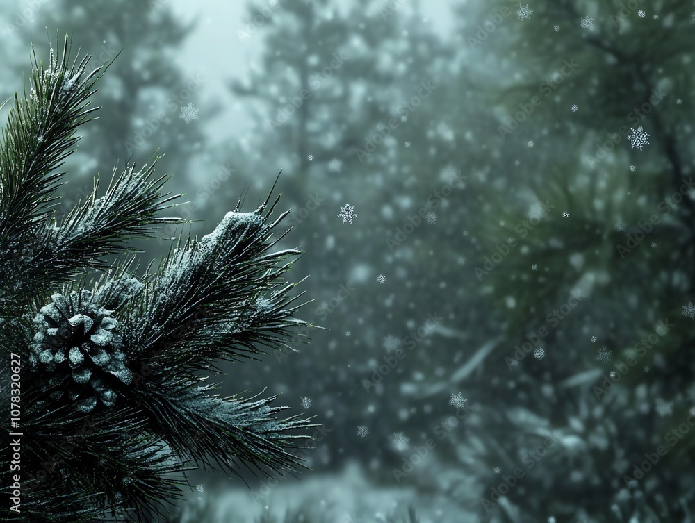 Poster a close-up of a pine branch covered in snow with a blurred background of a snowy forest.