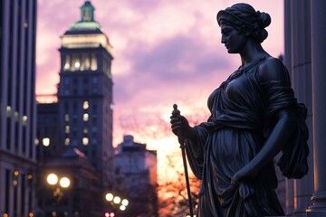 Fototapeta premium close-up of the statue of justice stands at the courthouse on the evening street