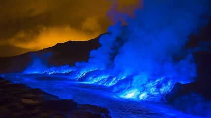 Fototapeta premium Blue flames and toxic gases rising from kawah ijen volcano crater at night, creating an otherworldly spectacle in east java, indonesia