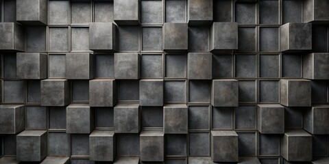 Abstract Concrete Cube Wall - Geometric Pattern with Metal Frames - Minimalist Architectural Design