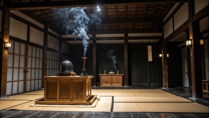 Traditional kendo dojo with incense and wooden interior