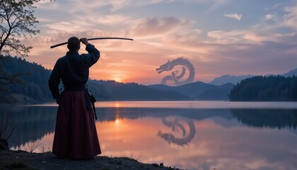 Samurai practicing kendo at lake with dragon silhouette at sunset