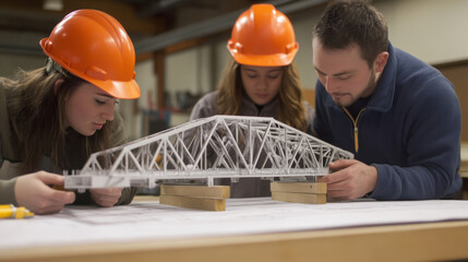Two apprentices and instructor examining bridge model in workshop. All wear safety helmets, showcasing teamwork and learning in engineering