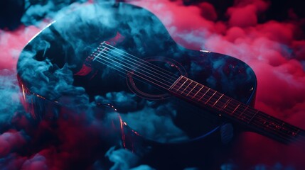 Naklejka premium Black acoustic guitar lying on a stage surrounded by blue and red smoke, creating a dramatic and evocative atmosphere for music, concerts, and entertainment