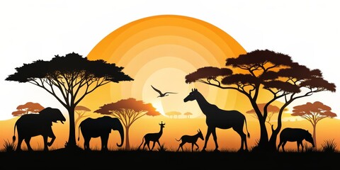 African Sunset Silhouette Elephants, Giraffe, and Zebra in a Golden Landscape