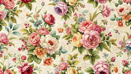Floral Tapestry A Watercolor Seamless Pattern of Roses, Peonies, and Delicate Blooms on a Cream Background