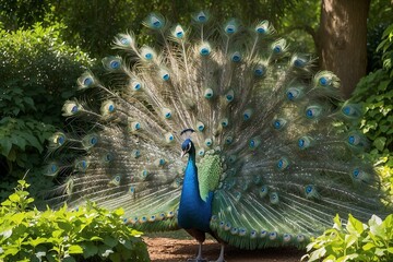 Obraz premium Majestic Peacock Displaying Vibrant Plumage Against Verdant Garden Setting