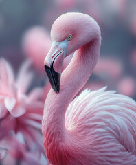 Fototapeta premium A vibrant flamingo gracefully poses among soft pink flowers in a tranquil setting during the early morning light