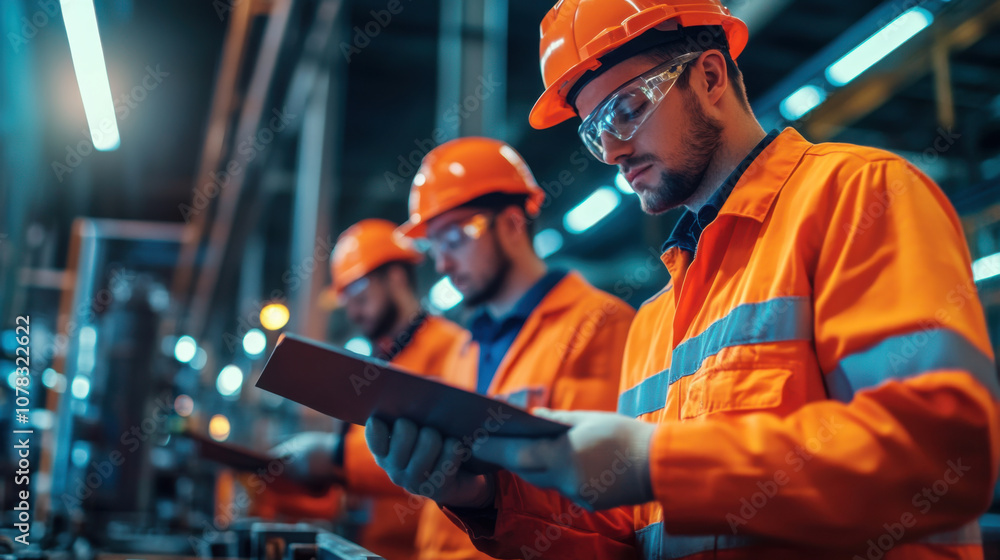 Poster optimizing assembly line production, industrial engineers in orange uniforms focus on efficiency. th