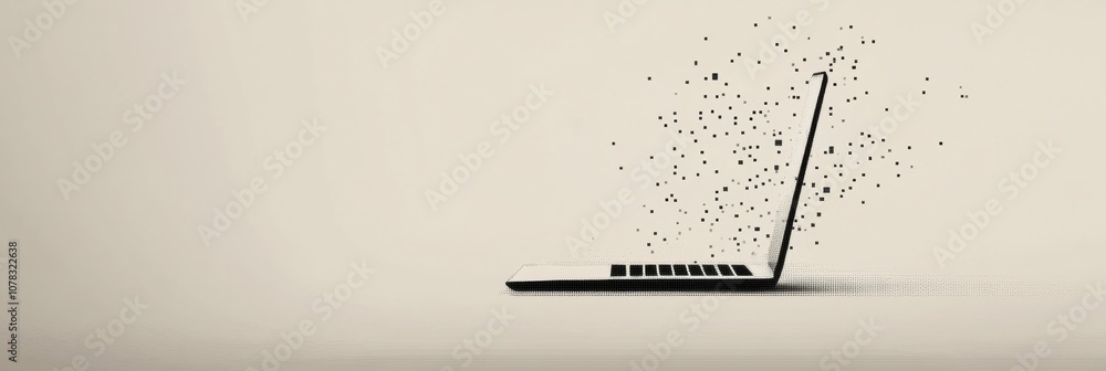 Fototapete a laptop is shown with pixel elements dispersing from it, symbolizing the fusion of technology and c