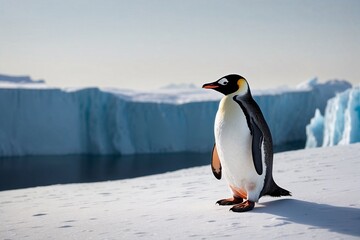Fototapeta premium Solitary Emperor Penguin Standing Majestically Against Antarctic Ice and Water