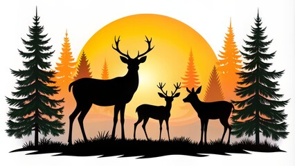 Obraz premium Silhouettes of Three Deer at Sunset in a Forest Clearing