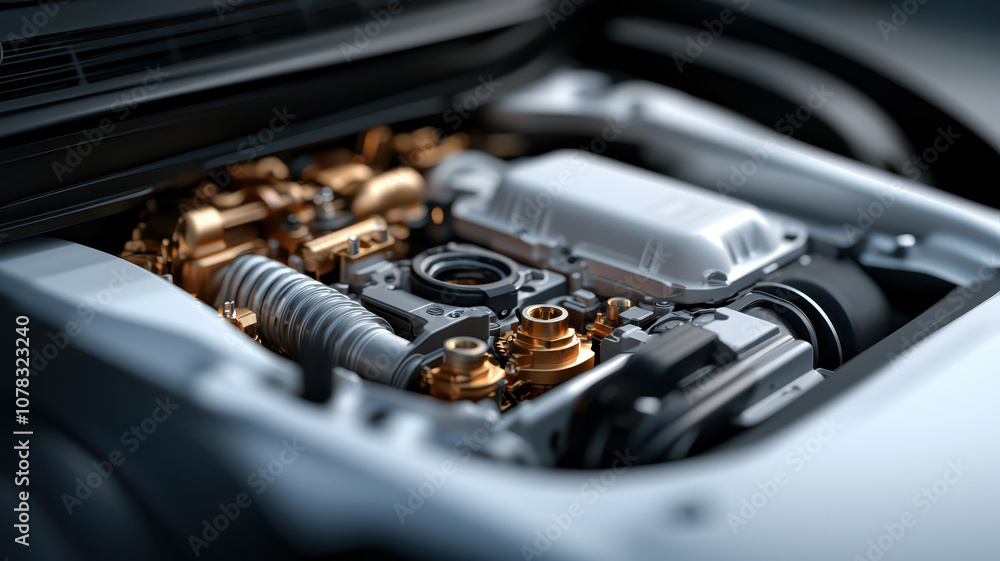 Poster engine components with intricate details and metallic finishes showcase advanced automotive engineer