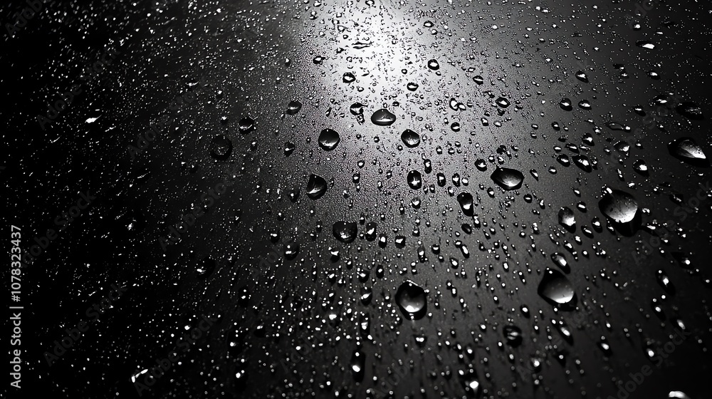 Poster a close-up shot of water droplets on a dark, reflective surface with a bright light source in the ba