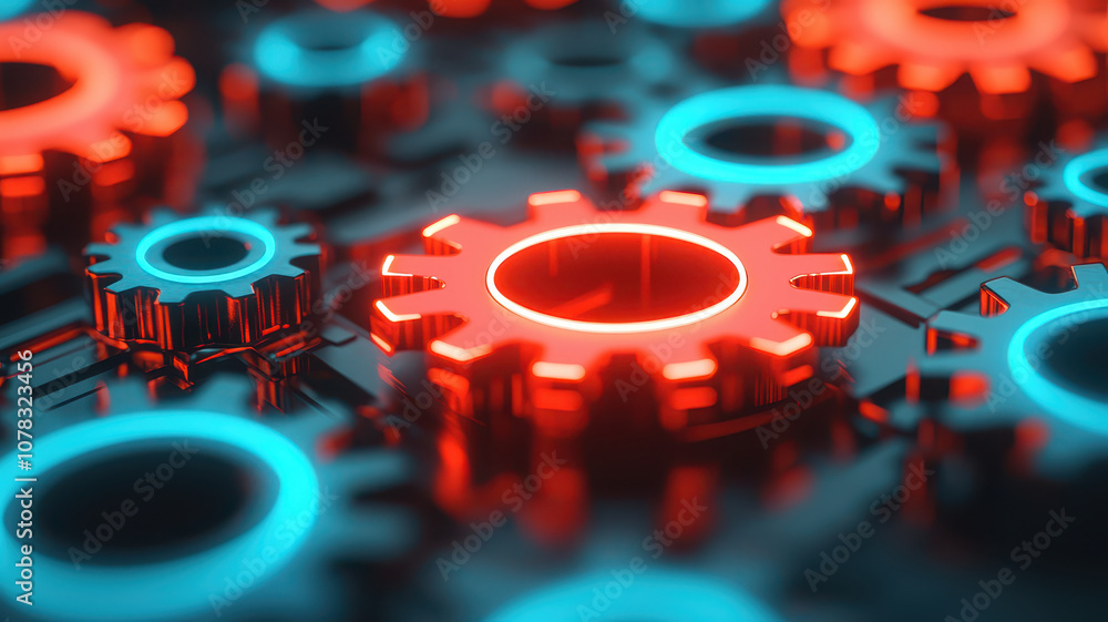 Poster high tech gears illuminated with neon lights, showcasing intricate design and vibrant colors. glowin