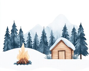 A serene winter landscape featuring a snowy cabin, lush pine trees, and a warm campfire, evoking peace and tranquility.