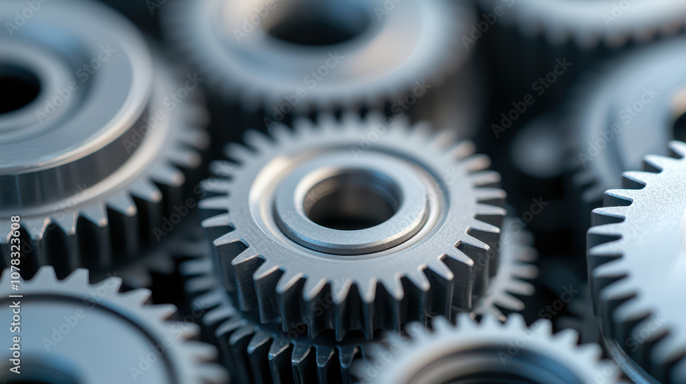 Poster macro view of metallic gears showcasing intricate details and textures, symbolizing engineering prec