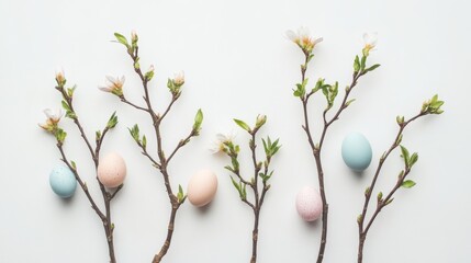 Minimalist Easter decor with budding branches and eggs, representing springtime and holidays. 