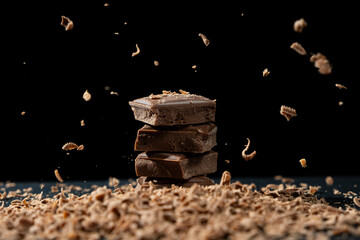 Grated chocolate sprinkle on milk chocolate pieces on black background