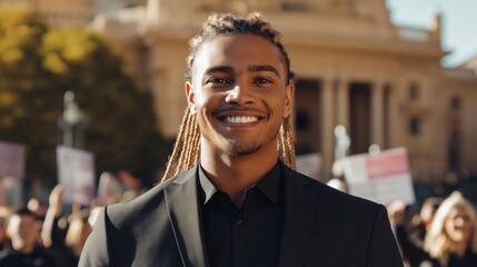 Young charismatic politician at public event against historic backdrop for editorial use