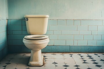 White toilet in blue tiled bathroom.