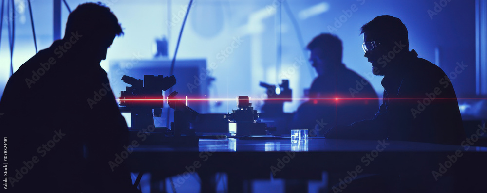 Poster optical engineers working on laser alignment in dimly lit lab, showcasing precision and focus in the