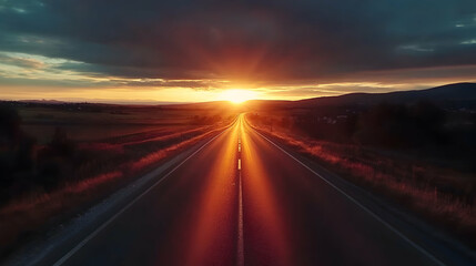 
A highway with a sunset in the background. The road is illuminated by the sun's rays, creating a beautiful and serene atmosphere