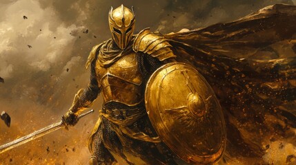 Powerful golden knight wielding sword and shield, standing amidst a dramatic battle scene with dust and debris flying around, creating a powerful and epic image