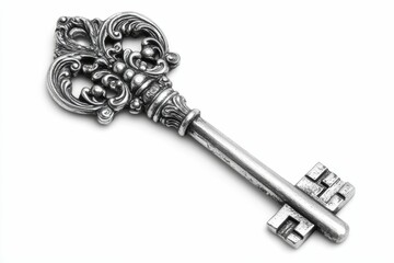 Ornate silver key isolated on white.