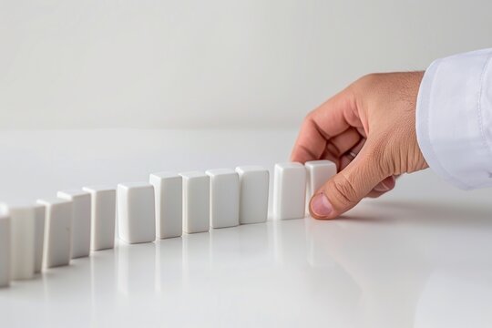 Closeup of hand setting up domino effect on white background with copy space