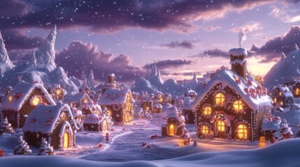A Magical Gingerbread Village Covered in Snow at Sunset