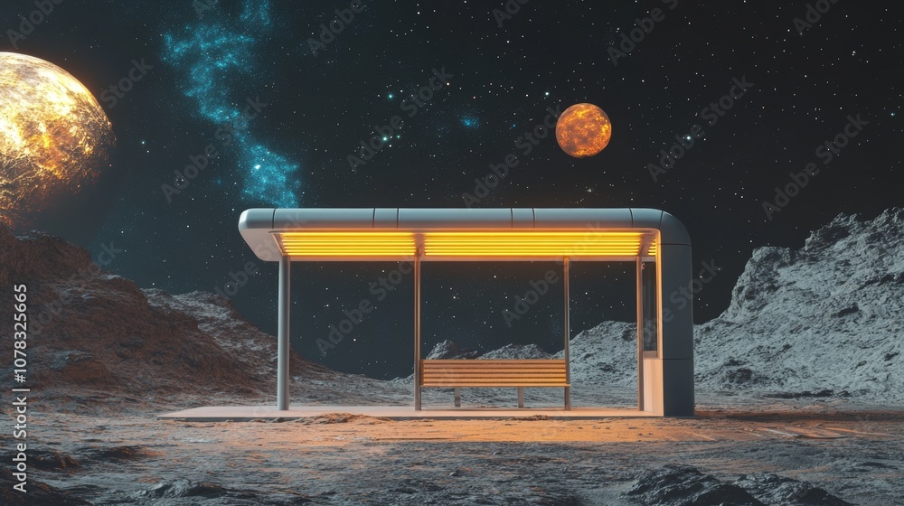 Poster otherworldly bus stop glows under the starry expanse, nestled between rocky terrain and illuminated 