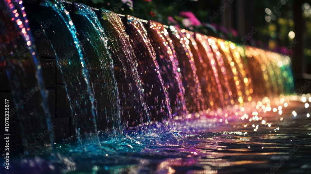 Poster mesmerizing rainbow waterfall flows into a serene pool, surrounded by colorful lights illuminating t
