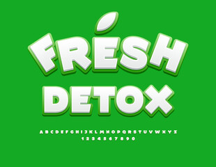 Naklejka premium Vector healthy concept Fresh Detox. White and Green Unique Font. Funny Alphabet Letters and Numbers set.