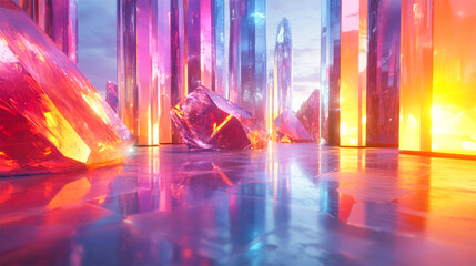 Naklejka premium Holographic background with glass shards. Rainbow reflexes in pink and purple color. Abstract trendy pattern. Texture with magical effect.
