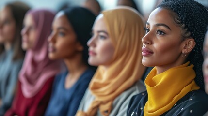 Fototapeta premium Women from diverse backgrounds share insights on hijab diversity in a bright seminar room setting