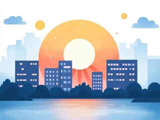 A vibrant sunset over a city skyline, with colorful clouds and reflections on water enhancing the urban landscape.