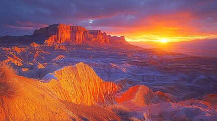 Photographic masterpiece of mountains during sunset, with the warm hues of the sky illuminating the rugged landscape in stunning detail